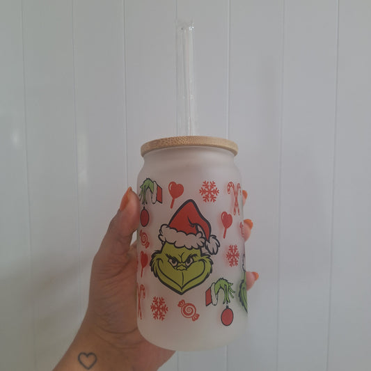 Grinch- Frosted Glass Cup